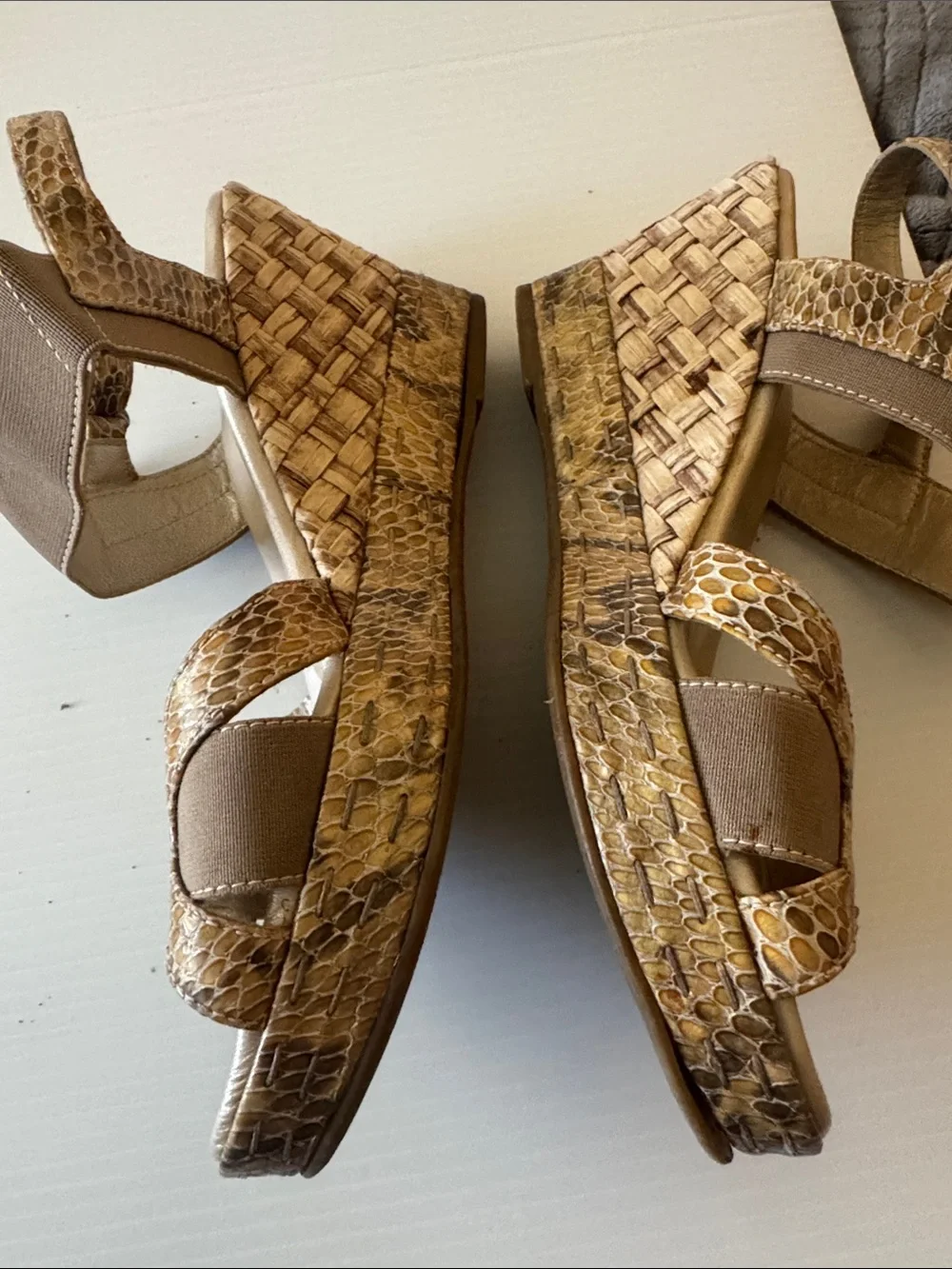 Aquatalia Neutral Tan Snake-Accent Wedge Sandals